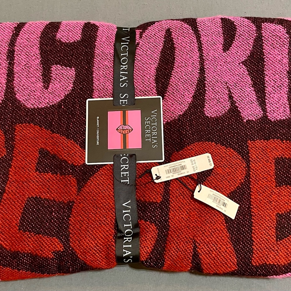Victoria's Secret Pink and Red “Lip” Throw Blanket with black fringe